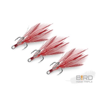 Trojháček s peřím Delphin B!RD Hook Triple červená pírka 3ks